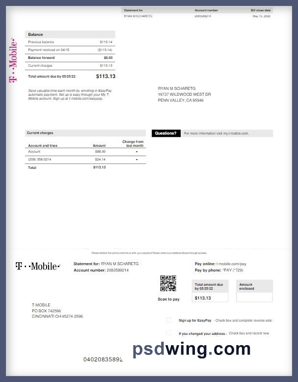 USA T-Mobile Utility Bill